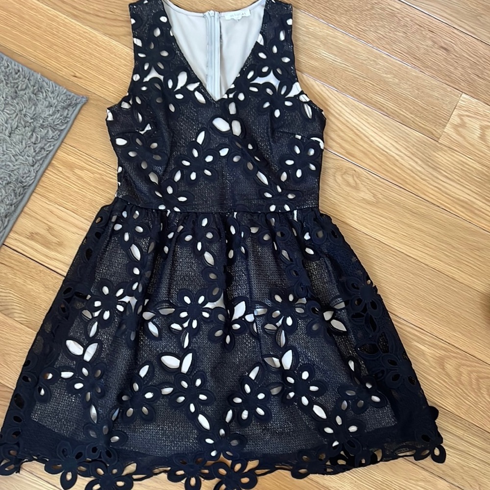 Miami Black lace dress with nude under lay, zip up.